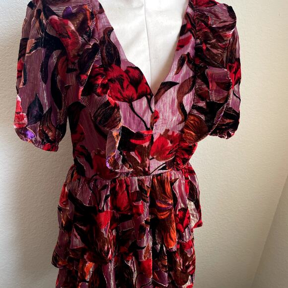 Adelyn Rae Khalia Burnout Red gold Velvet ruffle dress Mini Dress Womens Medium - Picture 9 of 12